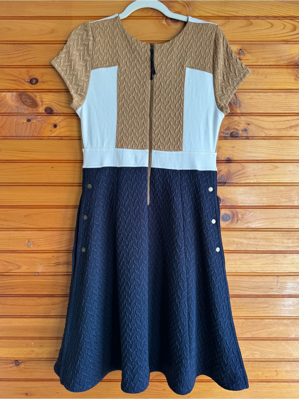 Anthropologie Maeve Cabled Colorblock Fit Flare Dress Pockets Navy 10 - Picture 4 of 16